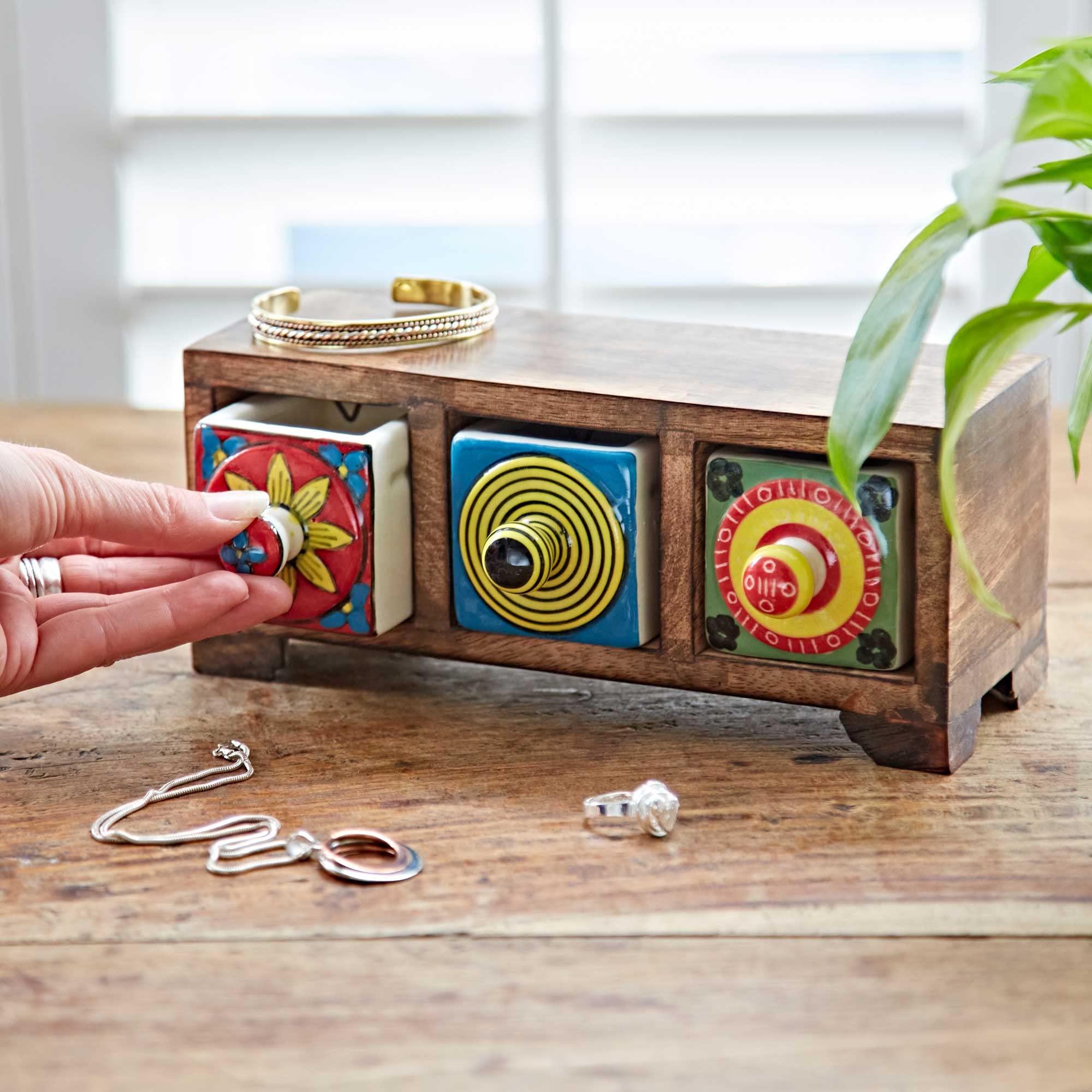 Paper High Hand Painted Multicoloured Ceramic 3 Drawer Chest - 20.5cm x 9cm x 8cm - Trinkets, Spices, Teas, Dried Herbs, Jewellery or Haberdashery Storage