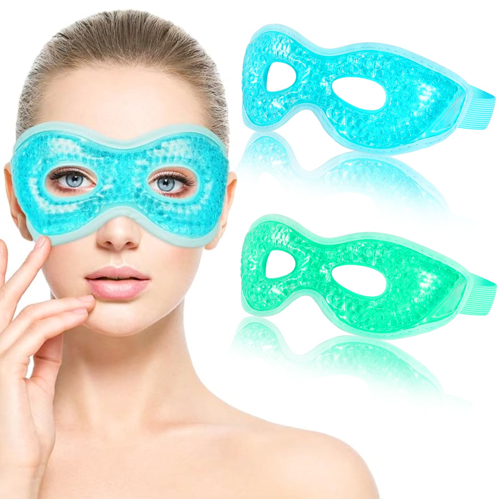 UZSUZZ 2 Pcs Cooling Eye Mask for Puffy Eyes, Reusable Hot Cold Therapy Gel Eye Mask, Cooling Gel Beads Sleep Mask for Migraine Relief, Headache, Dark Circles, Swollen Eyes, Dry Eyes (Blue/Green)