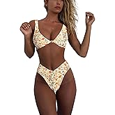 geluboao Bikini Set for Women Solid V Neck Knot Front Push Up High Leg Thong Two Piece Swimsuit