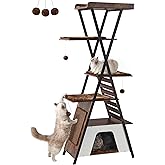 FourFurPets 72.4" Modern Cat Tree for Indoor Cats, Multi-Level Cat Condo | Tall Cat Tree,Wooden Cat Tree for Large Cats up to 20 lbs, Cats Furniture, Scratching Pad, Removable Pads, Rustic Brown