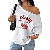 BEAUDRM Women's Plus Size Cherry Print T Shirt Bow Graphic Off The Shoulder Shirts Short Sleeve Loose Y2k Tee Tops