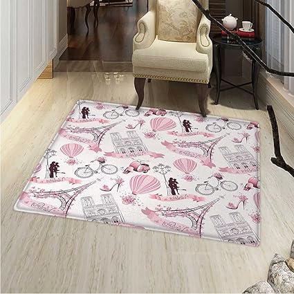Eiffel Tower Rugs For Bedroom Travel In Paris Theme Honeymoon Flowers Romance Hot Air Balloon Bike Circle Rugs For Living Room 40 X55 Pale Pink White