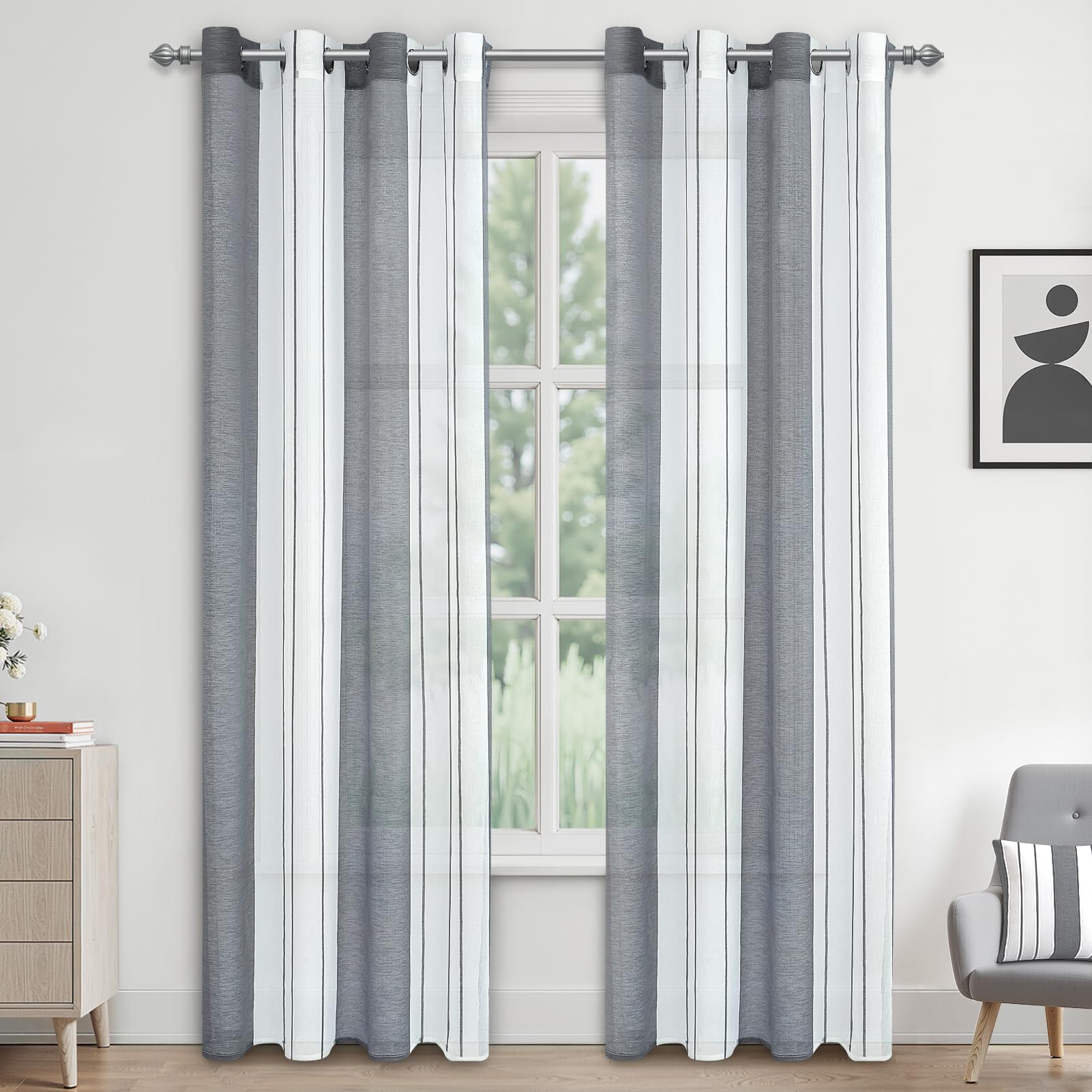 MRTREES 2 x White and Grey Net Curtains 140 x 225 cm Yarn Dyed Striped with Eyelets High Height Elegant Window Door Decoration Living Room Bedroom Bay Window