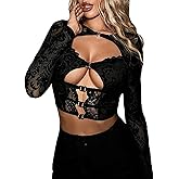 WDIRARA Women's Cut Out Sheer Floral Crop Tops Sexy Long Sleeve Tee Shirts Party Rave Clubwear