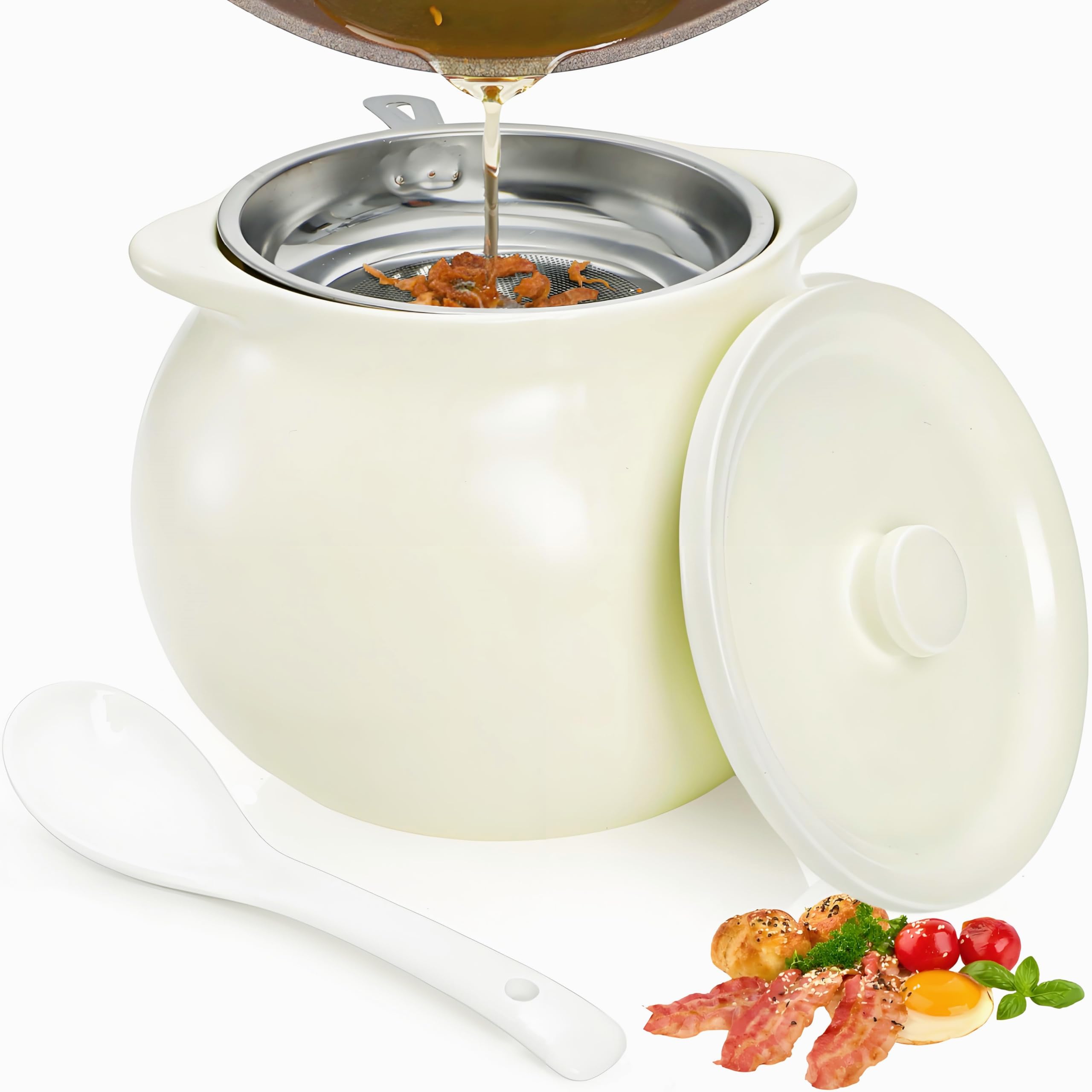 Photo 1 of ZAVOOS Bacon Grease Container with Strainer, 47 Oz Ceramic Cooking Oil Saver with Lid Easy Grip Handle, Large Capacity Bacon Fat Dripping Can Storage Keeper for Kitchen Home Decor