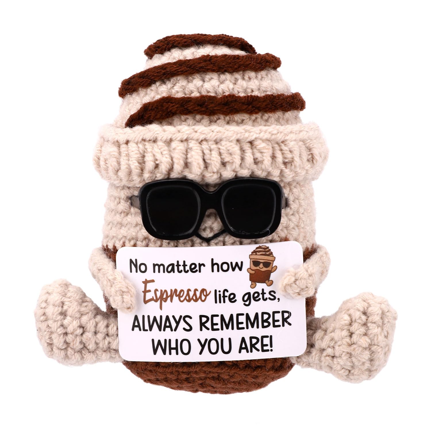 TOYMIS Positive Knitted Coffee Cup, Cute Handmade Crochet Coffee with Sunglasses & Inspirational Card Emotional Plush Positive Support Doll for Man & Woman