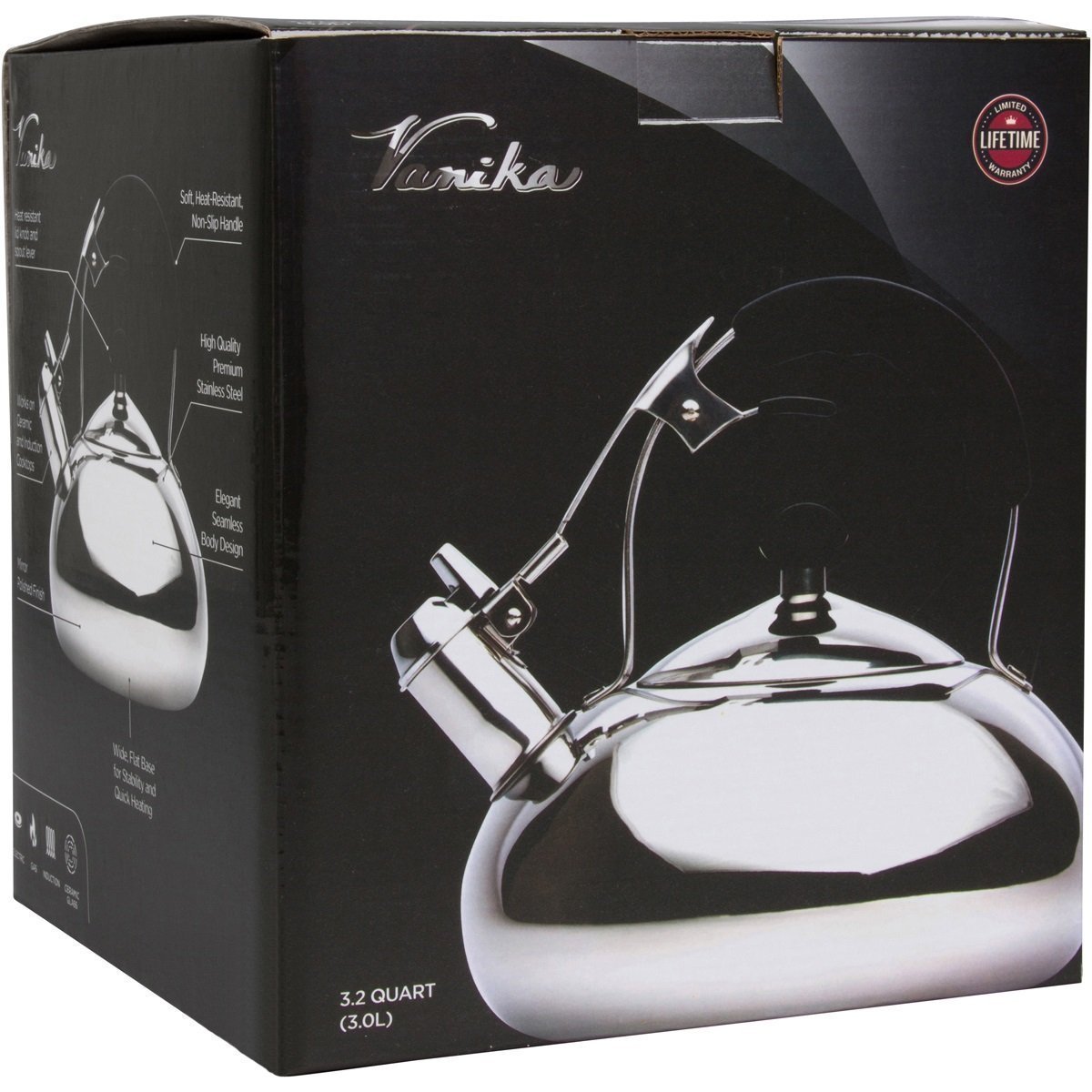 Vanika Stainless Steel Tea Kettle; Whistling Teapot Design; Large 3.0L