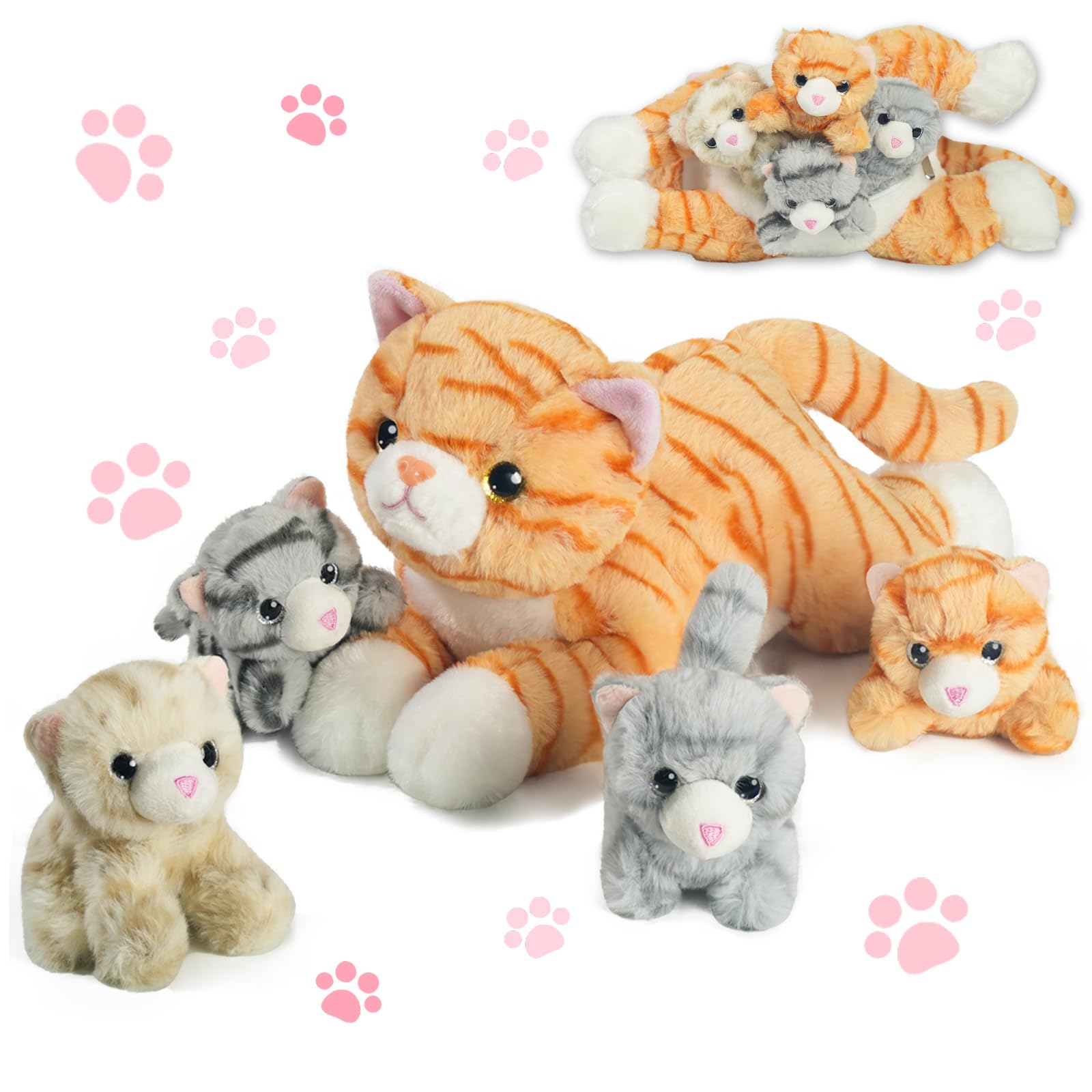 Photo 1 of 5 PCS Cat Stuffed Animal with Babies, Mommy Stuffed Orange Cat Toy with 4 Plush Kittens Inside Belly, Stuffed Kitty Plushies Toys for Kids Easter Stuffers Birthday Christmas Party Favors Gifts