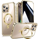 [CD Metal Ring Stand + Built-in Privacy Screen Protector] Magnetic Case for iPhone 16 Pro Max 6.9" [Soft Bumper Full Signal] [Compatible with MagSafe] 9H Glass Full Body Shockproof Clear Case, Gold