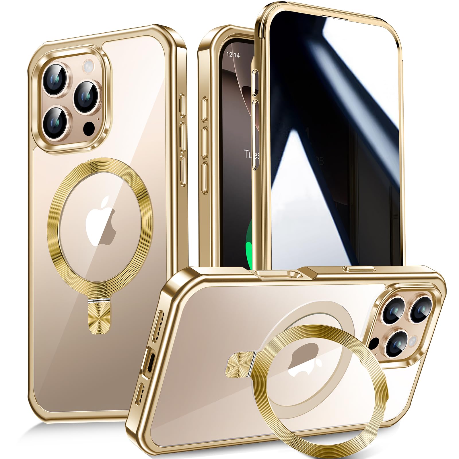 Photo 1 of [CD Metal Ring Stand + Built-in Privacy Screen Protector] Magnetic Case for iPhone 16 Pro Max 6.9" [Soft Bumper Full Signal] [Compatible with MagSafe] 9H Glass Full Body Shockproof Clear Case, Gold