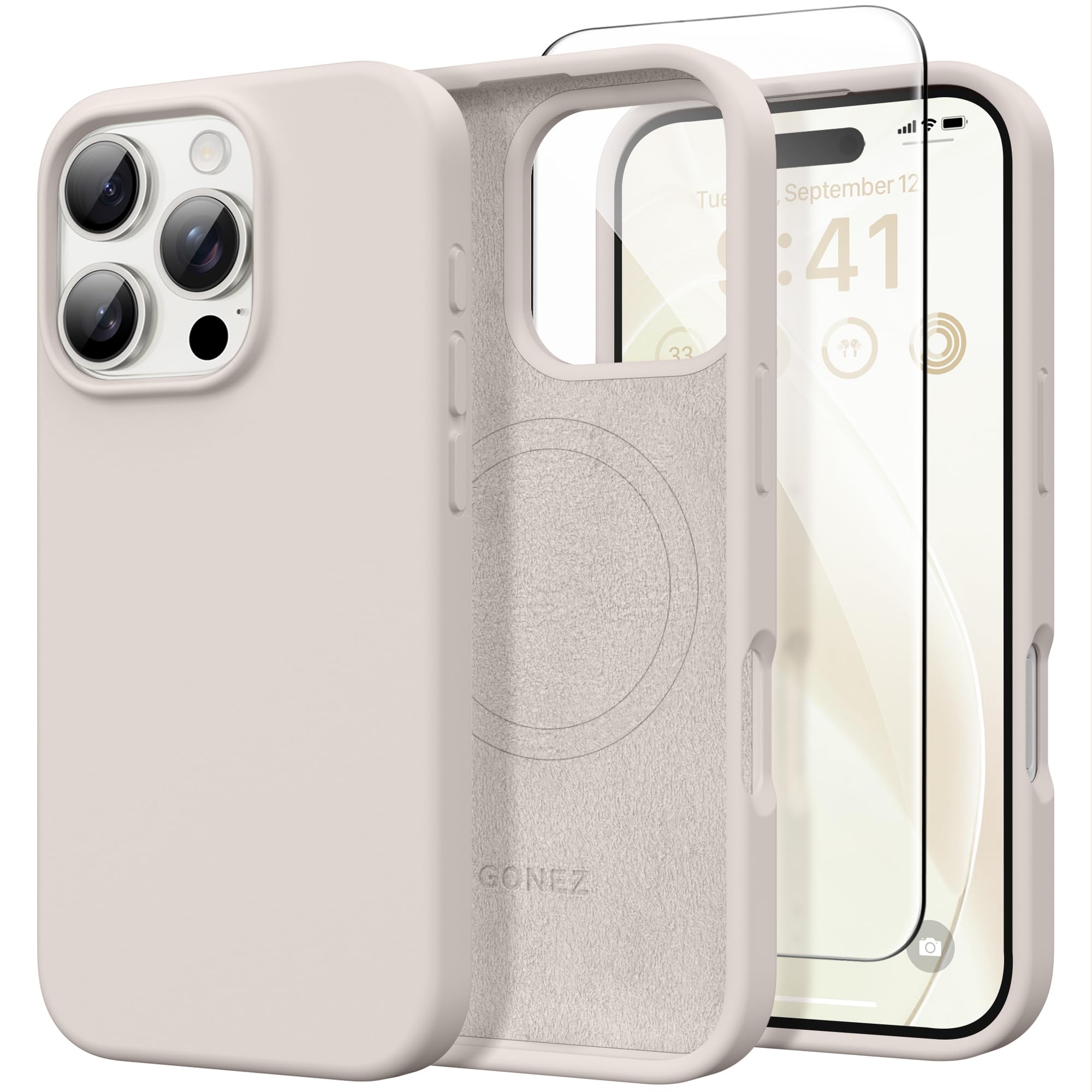 GONEZ Compatible with iPhone 16 Pro Max Case, Compatible with MagSafe, Liquid Silicone Case, 1 Screen Protector + 1 Len Protector, Full Body Protective Shockproof Phone Cover 6.9", Stone