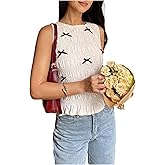SweatyRocks Women's Y2k Pleated Bow Round Neck Top Sleeveless Slim Fit Tank Tops Outfits