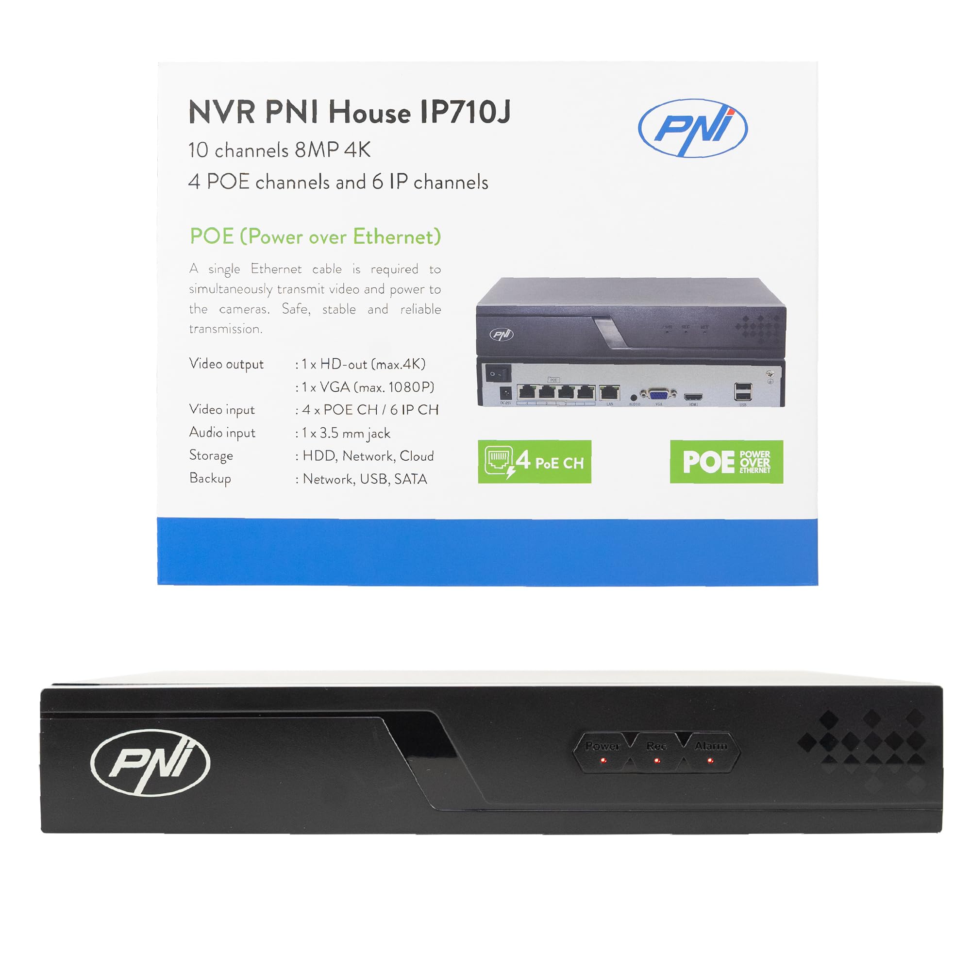 POE NVR PNI House IP710J, 10 channels 4K 8MP, 4 POE channels yes 6 IP channels, black