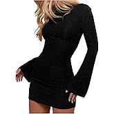 Floerns Women's Casual Long Sleeve Mini Dress Boat Neck Textured Bodycon Dresses