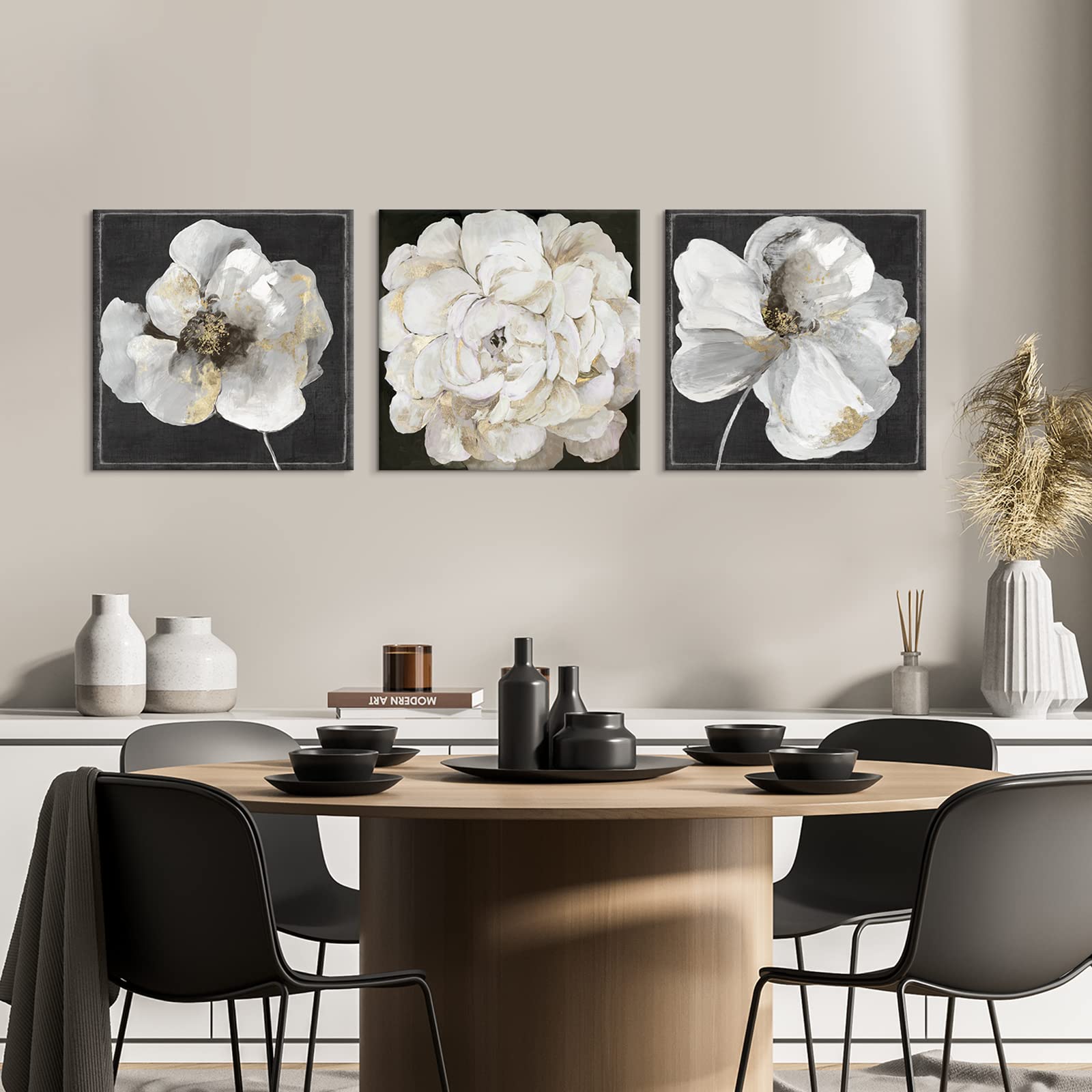 Photo 1 of Goldfoilart Black and White Floral Wall Art Bathroom Wall Decor 3 Piece Gold Flower Canvas Pictures Framed Artwork Small Paintings for Bedroom Living Room Kitchen Office Decorations 12"x12"x3pcs