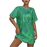 SHENHE Women's Y2k Shiny Holographic Short Sleeve Metallic Party Disco Oversized Tshirt Dress