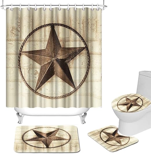 4 Pcs Western Star Shower Curtain Sets Rustic Texas Star on Wood Board