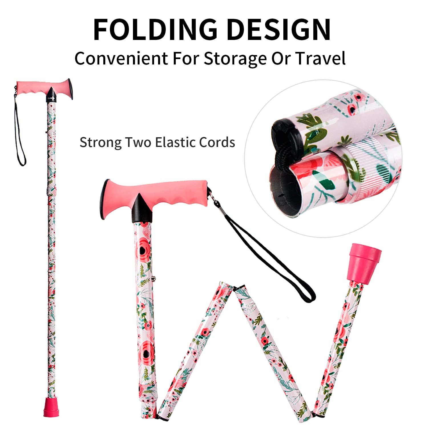 CLOKTA Walking Cane for Men and Women, Foldable Floral Lightweight Adjustable Portable for Folding Canes, Comfortable T-Handle for Seniors Adults