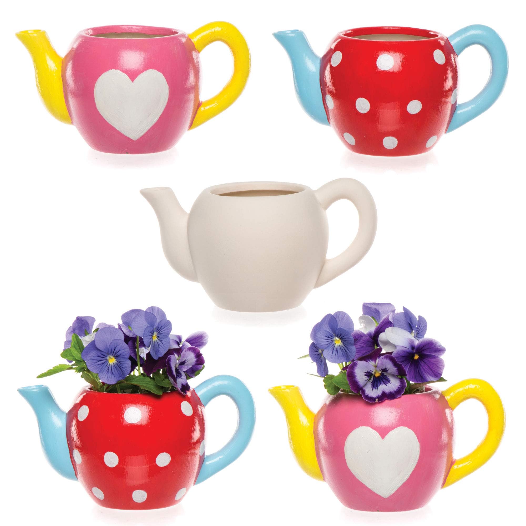 Baker Ross AV983 Teapot Plant Pots - Pack of 2, Ceramics for Kids to Design, Paint, Decorate and for Outdoor STEM Learning,9cm x 16cm