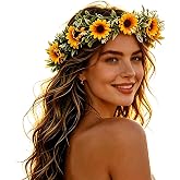 Elandy Sunflower Crown Wreath Headband With Ribbon Floral Garland Headpiece Hair Wreaths for Wedding Bridal Party Festival