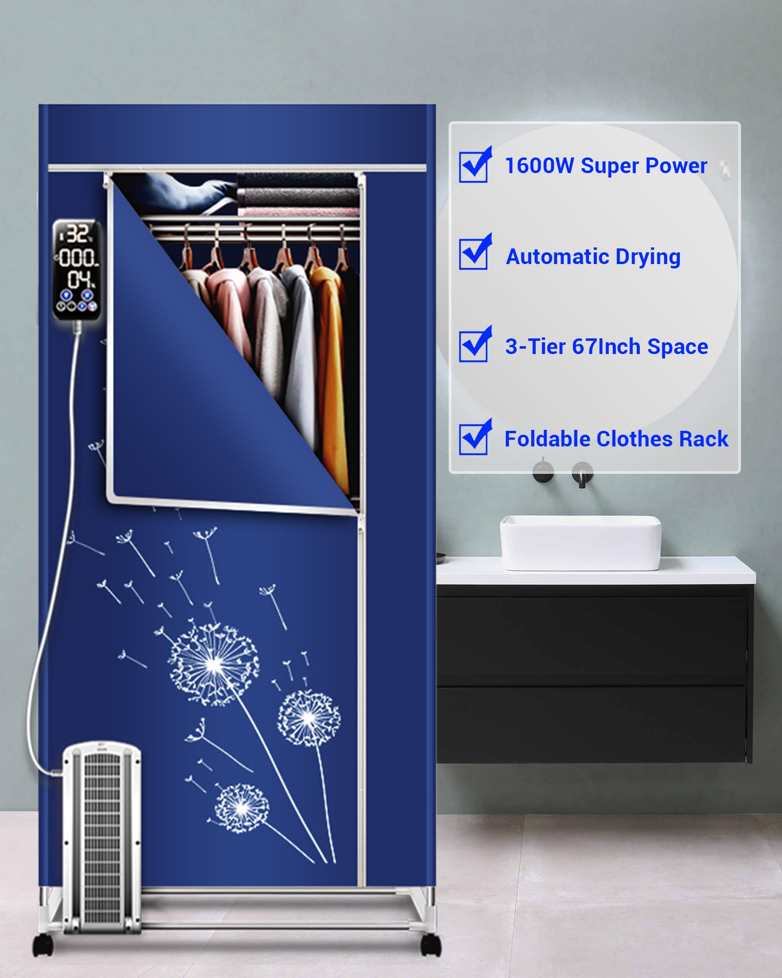 KASYDoFF Clothes Dryer, 35LB Capacity-67Inch Portable Dryer, 1600W-3 Tier Foldable Clothes Dryer Rack, Energy Saving Portable Dryer for Apartment, Indoor, Travel, RV