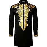 LucMatton Men's African Traditional Dashiki Luxury Metallic Gold Printed Mid Long Wedding Shirt