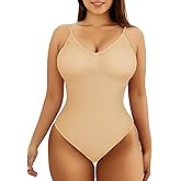 MooonGem Seamless Shapewear Bodysuit for Women, Ribbed Tummy Control, V Neck Tank Top (Nude M)