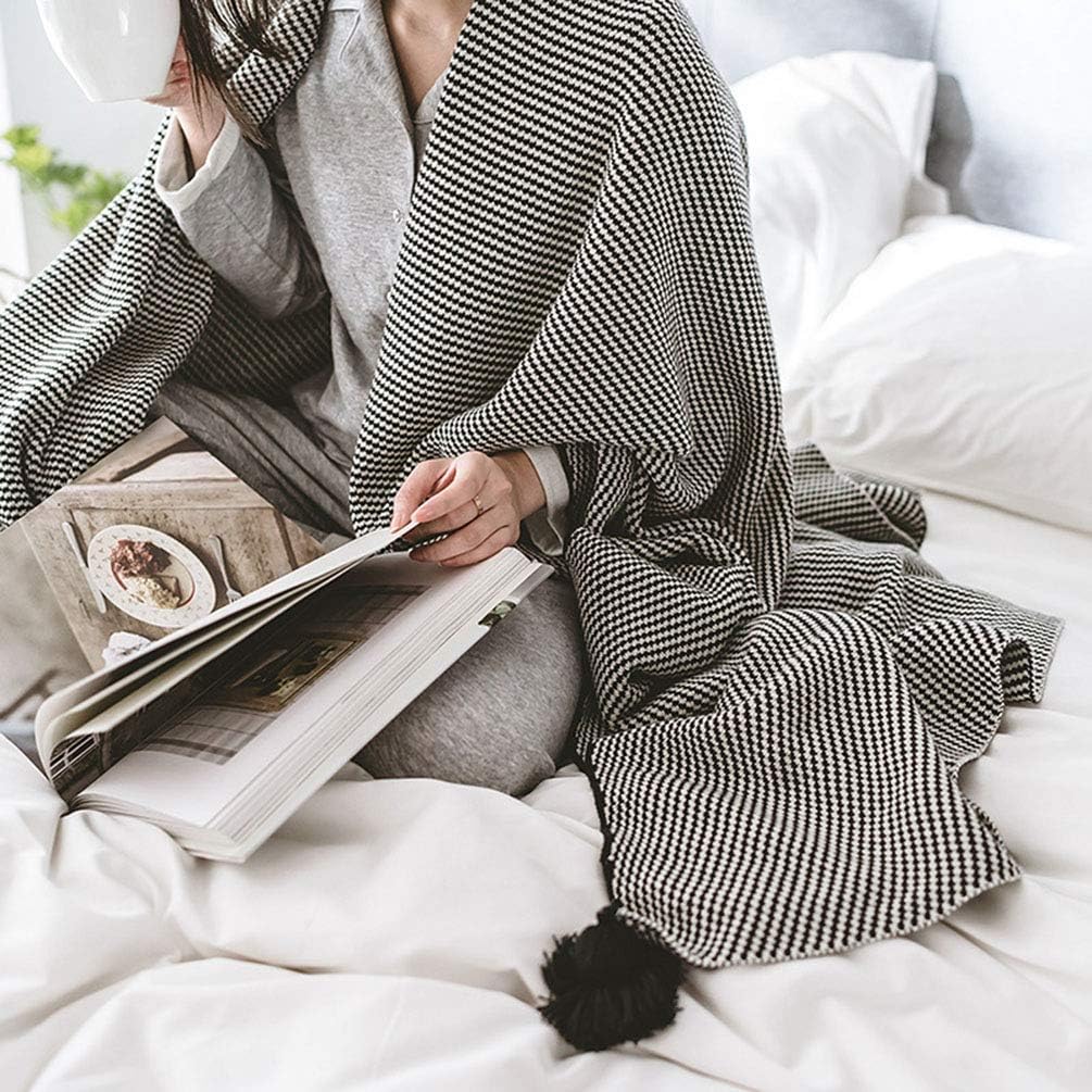 Reversible Cotton Woven Knit Throw Blanket with Pom Poms,Soft Cable Knitted Throw Blanket for Sofa Couch Chair and Bedroom, 51 X 63 Inch, Black