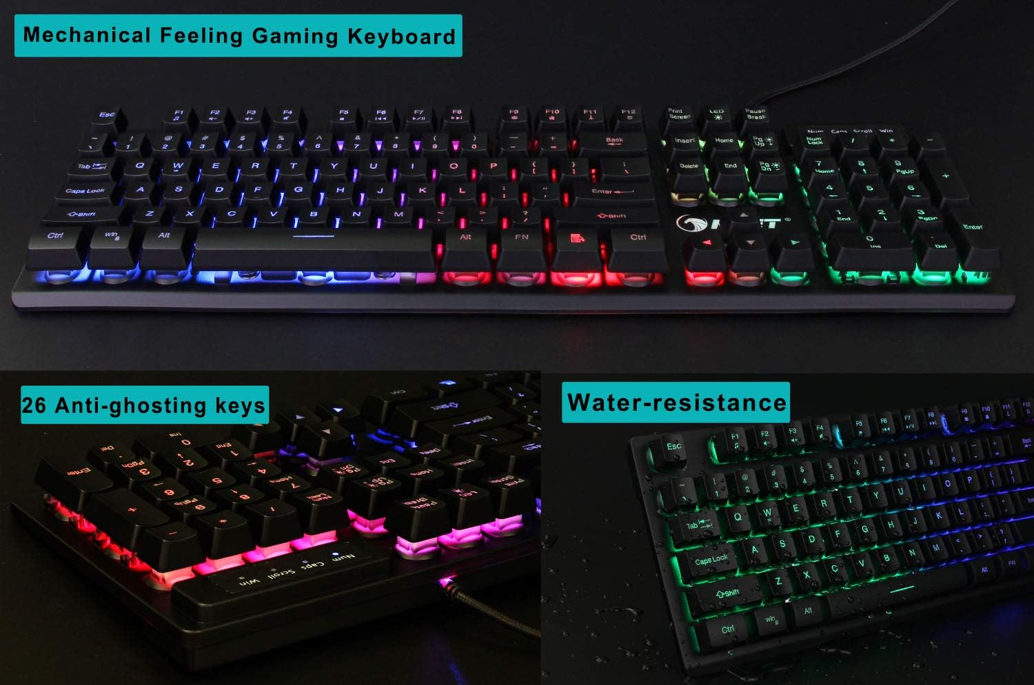 NPET K10 Gaming Keyboard USB Wired Floating Keyboard, Quiet Ergonomic Water-Resistant Mechanical Feeling Keyboard, Ultra-Slim Rainbow LED Backlit Keyboard for Desktop, Computer, PC: Computers & Accessories