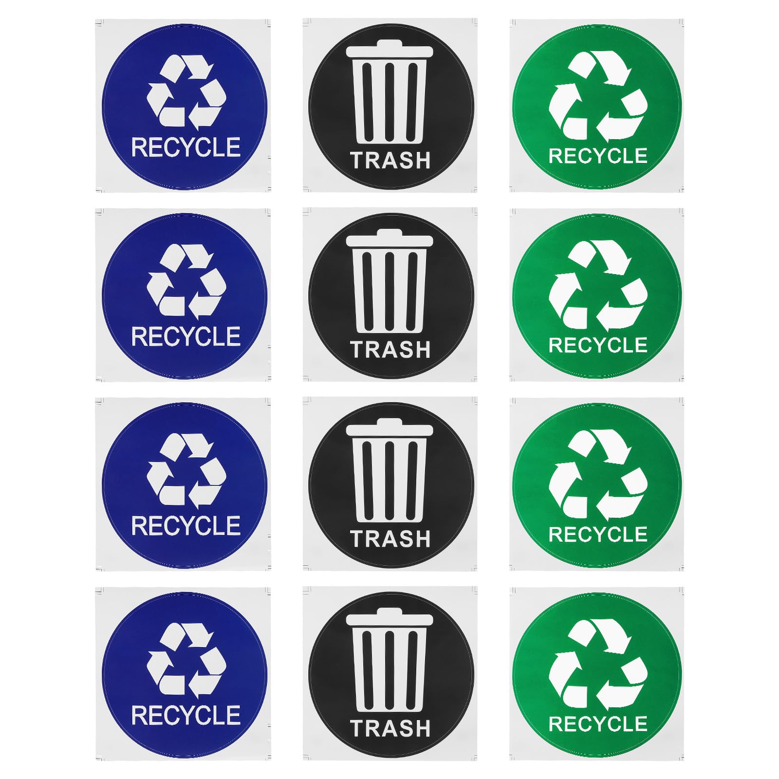 PATIKIL Recycle & Trash Symbols Sticker, 12 Pcs 5" Dia, White, Black, Blue, Green, Paper, Indoor, Symbol, Single Use, Round, Circular
