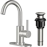 FORIOUS Single Handle Bathroom Sink Faucet 1 or 3 Hole Brushed Nickle, 360° Swivel Gooseneck Spout, Lead-Free, with cUPC Hose and Metal Pop Up Drain, Suitable for Bar Kitchen RV Vanity