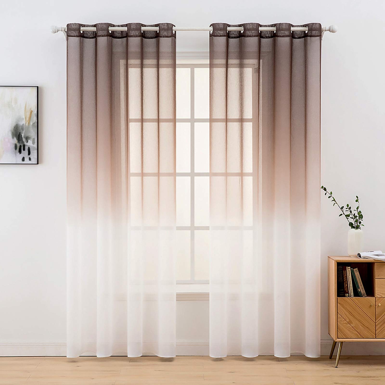 MIULEE 2 Panels Sheer Voile Curtains Color Gradient Gradually Changed Decorative Ring Top Eyelet Window Elegance for Bedroom Livingroom Nursery Room 140 x 225 Cm 55" Wx88 L Coffee