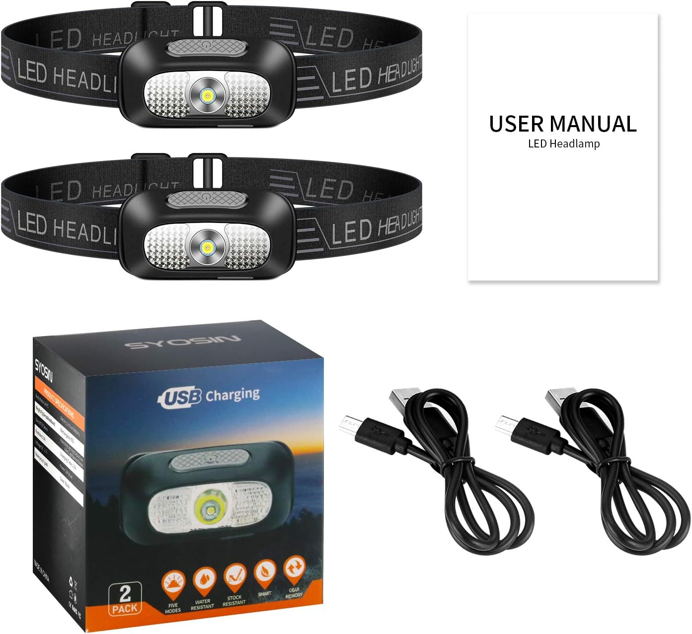 SYOSIN Headlamp Flashlight, 2 Pack Lightweight Headlight, USB Rechargeable Super Bright Waterproof Head Lamp for Camping, Cycling, Climbing, Hiking, Fishing, Night Reading, Running: Home Improvement