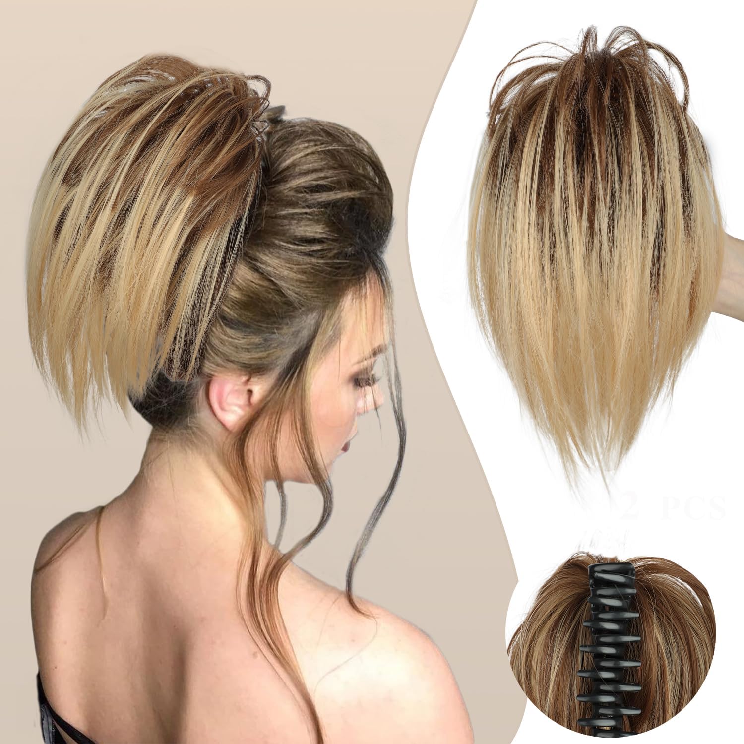 colorfulpanda Claw Clip Short Ponytail Hair Extensions Messy Bun Hair piece Natural Straight Synthetic Fully Fake Hairpieces for Women Girls,Blonde Mix Dark Brown Colo