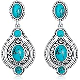 Genuine Turquoise Dangle Earrings, Sterling Silver Vintage Native American Western Boho Jewelry for Women
