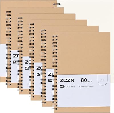 ZCZN A5 6 Pack Plain Paper Notebook 60 Sheets 120 Pages Spiral 80gsm