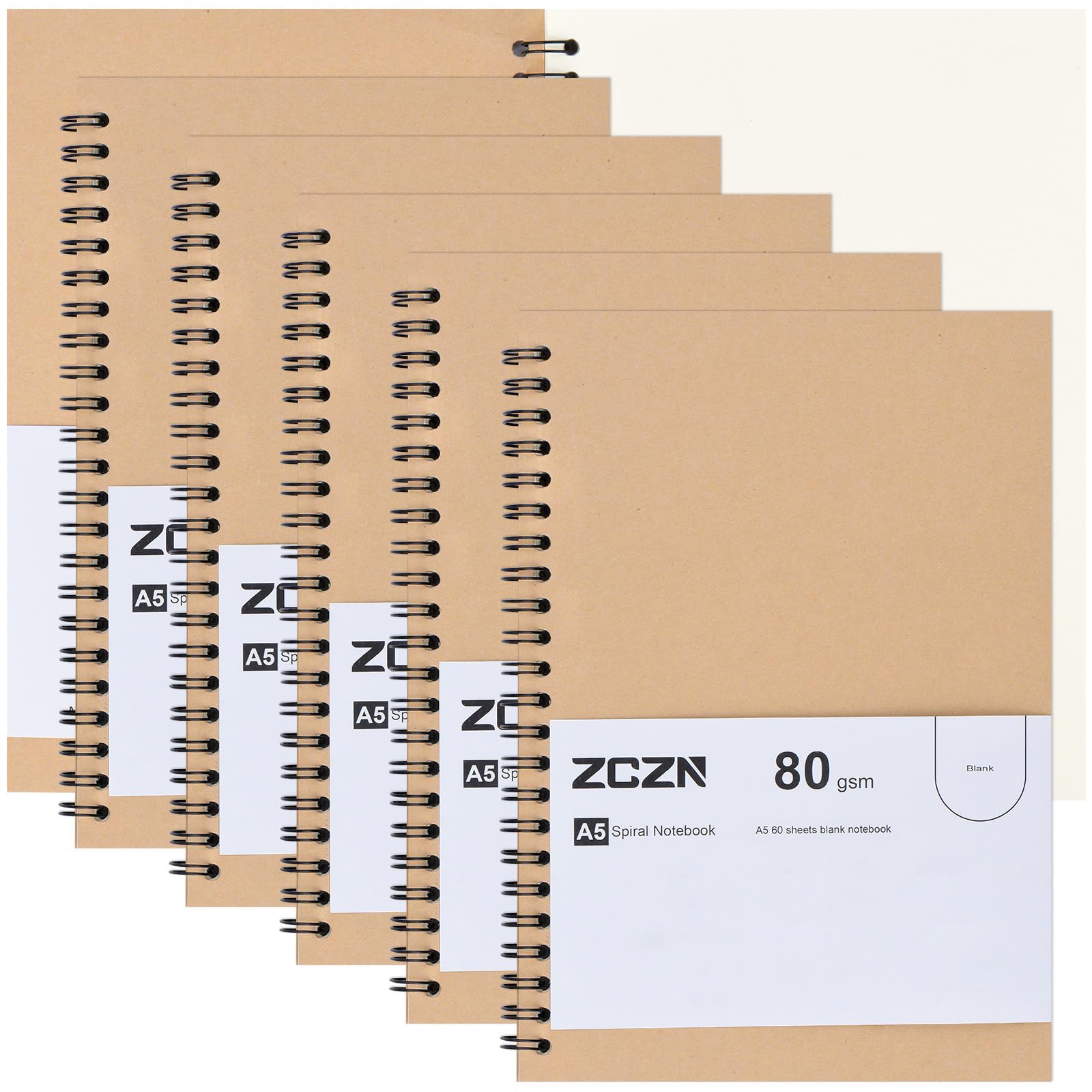 ZCZN A5 Plain Paper Notebook, 6 Pack Spiral Notebook for School, Study, Office Use, 120 Pages/60 Sheets