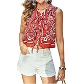 MakeMeChic Women's Boho Crop Tie Front Top Paisley Bow Sleeveless Western Top
