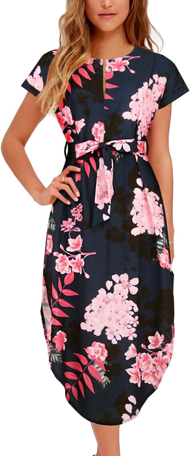 BOKALY Women's Midi Dresses Side Slit Floral Print Loose Casual Long Dress with Belt BK318 (XL, Black Floral)