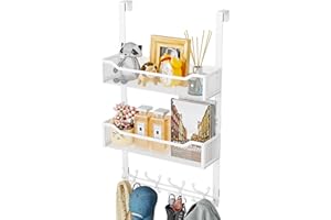 SWTYMIKI Over The Door Hook with 16 Hooks & 2 Mesh Baskets - Heavy Duty Over The Door Organizer Hanger for Towels, Coats, Clothes - Space Saving Hanging Rack for Bathroom, Living Room, White