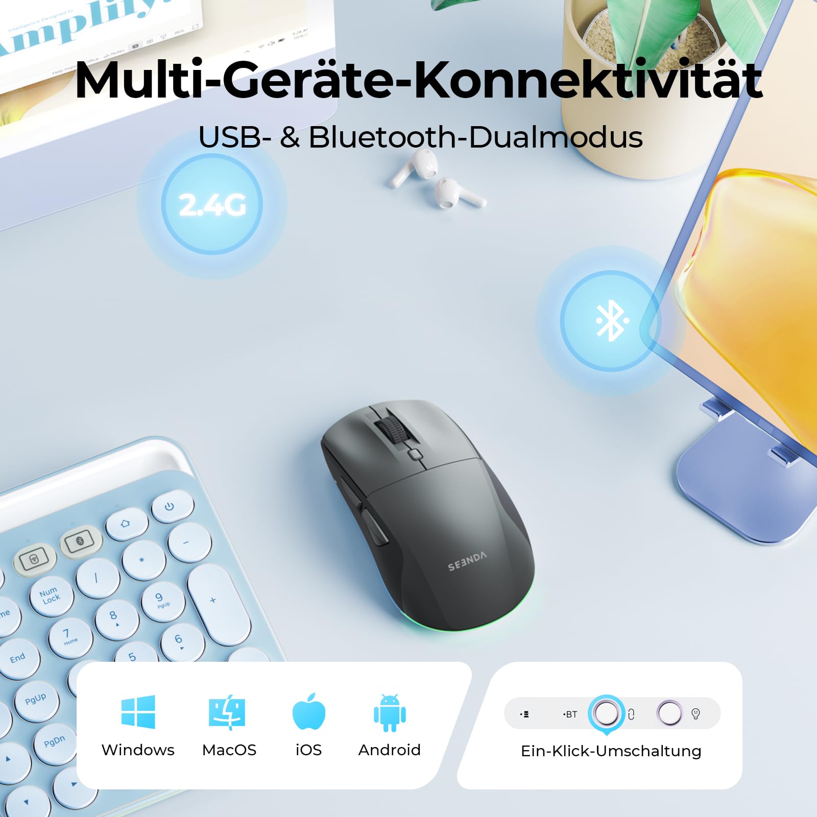 seenda MOU110 Bluetooth Maus mit RGB-Beleuchtung, Leise, Schwarzgrau 2