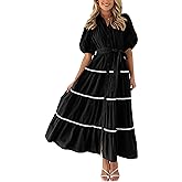 PRETTYGARDEN Women's Summer Button Down Shirt Dress Short Puffy Sleeve Tiered Ruffle Flowy Long Maxi Dresses