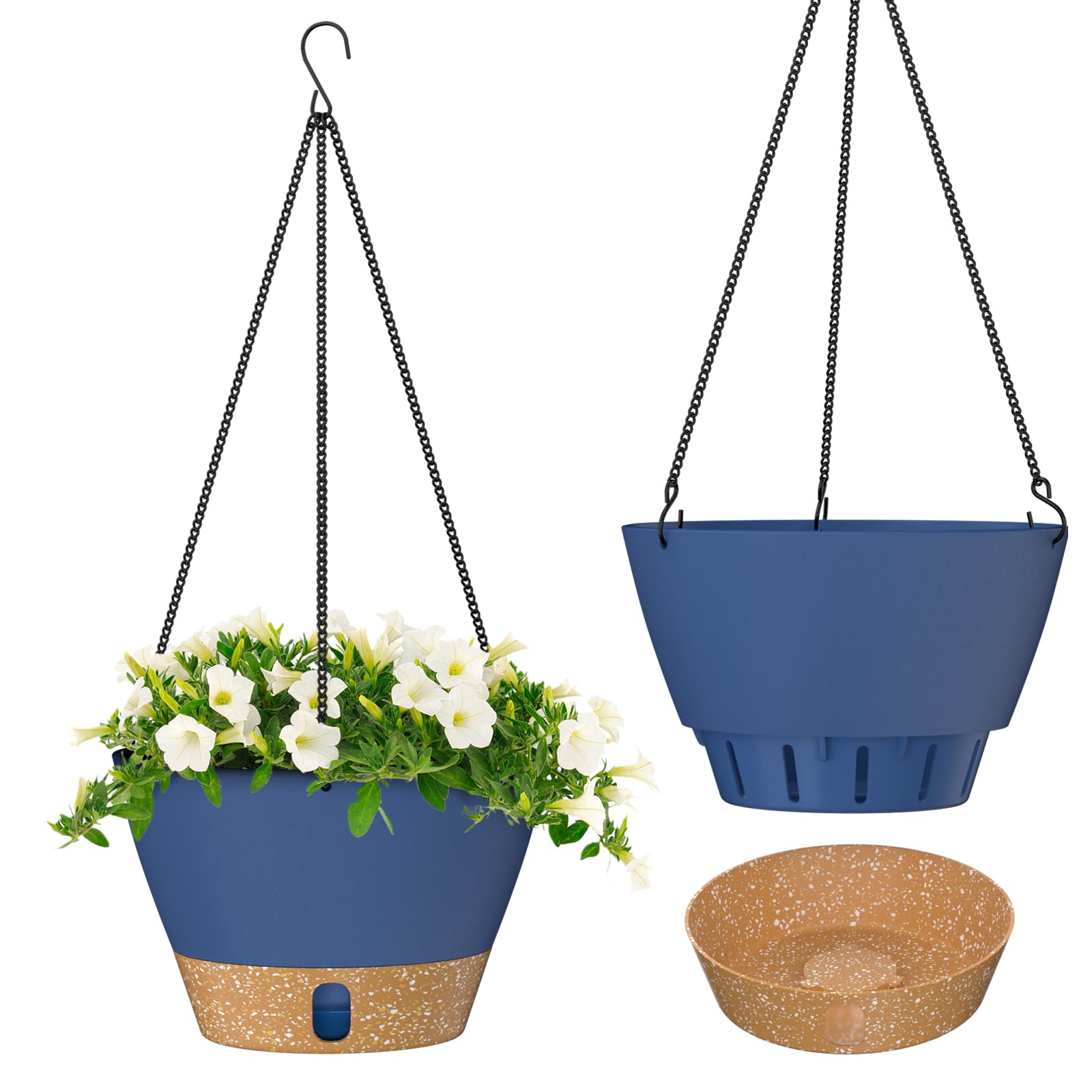 ZMTECH 2 Pack 8 Inches Hanging Plant Pot 20cm Garden Ornaments Flower Pots with Visible Water Level Tray Drainage Holes Removable Saucer for Indoor Outdoor Plants(Blue)