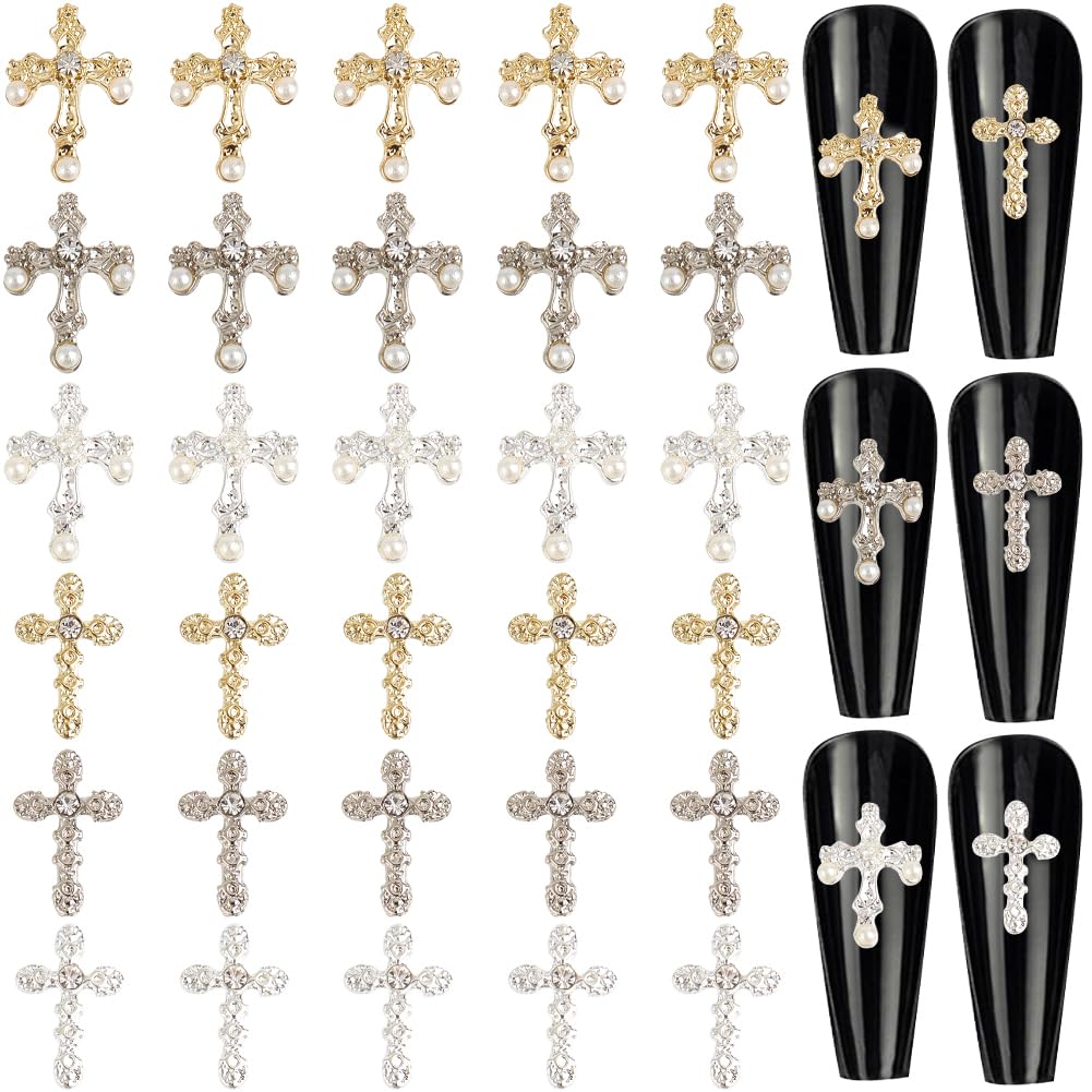 CRASPIRE 30Pcs 6 Styles Cross Nail Charms 3D Y2K Luxury Nail Gems Set Metal Alloy Rhinestone Pearl Flat Gothic Vintage Punk Studs Decor for Women Art DIY Crafts Jewelry Christmas Decor Cellphone