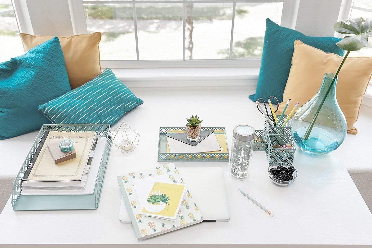 Blu Monaco Office Supplies Teal Blue Desk Organizers and Accessories-5 Piece Interlocking Cute Desk Organizer Set-Letter Tray-Pen Cup-3 Assorted Accessory Trays-Room Decor for Women and Teen Girls : Office Products