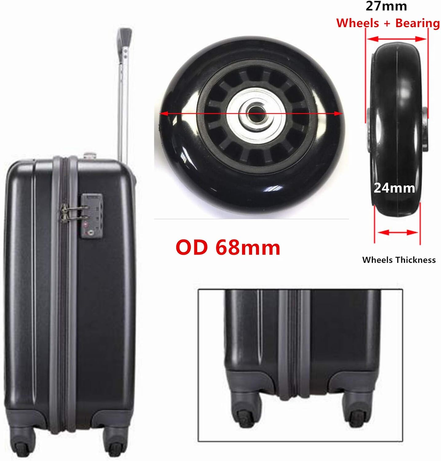 Pair Luggage Suitcase Replacement Wheels OD 68 Axles 35 Repair Set for Luggage Suitcase (68mm x 24mm x 6mm) - Image 5
