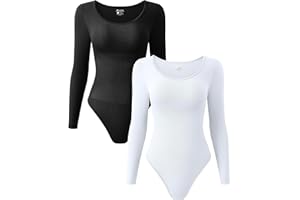 OQQ Women's 2 Piece Bodysuits Sexy Ribbed One Piece Long Sleeve Crew Neck Tops Bodysuits