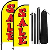 Mindsoft 2 Sets Sale Themed Swooper Flag with Storage Bag Flagpole Kit and Ground Stake, 7 ft Sale Banner Feather Flag for Retail Store Business Advertising (Yellow, White)
