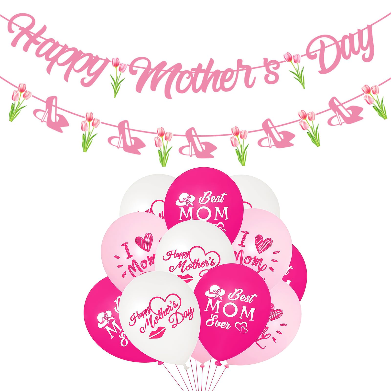 Happy Mothers Day Decoration Set 13 Pcs Includes 12 Balloons and 1 Happy Mothers Day Banner Party Supplies Pink and White Banner and Balloons for Mother's Day Home Office Family Celebration