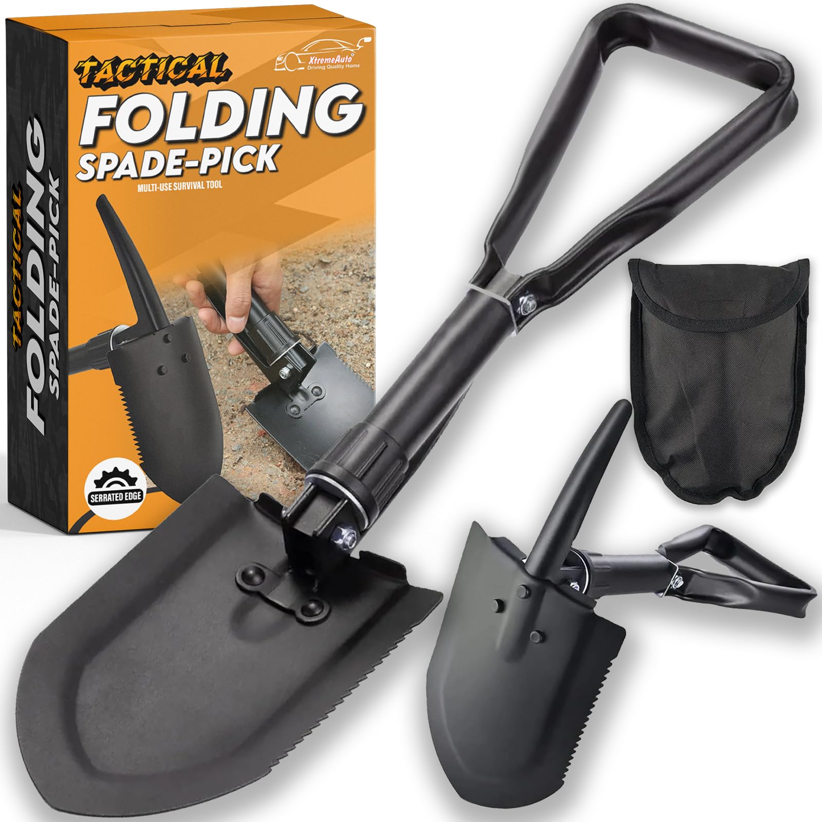 Xtremeauto Military Folding Shovel – 23'' Compact High-Carbon Steel Survival Shovel with Pick, Portable Multi-Tool for Camping, Hiking, Fishing, Emergency, Gardening, for Outdoor Enthusiast